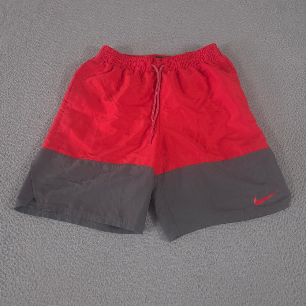 Nike Shorts Mens Medium Red Grey Volley Colorblock Lined Swoosh Swim Trunks Gym